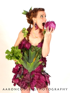 Anne-Marie Keppel in a dress of fresh veggies, designed by Elizabeth Pieroni. 
