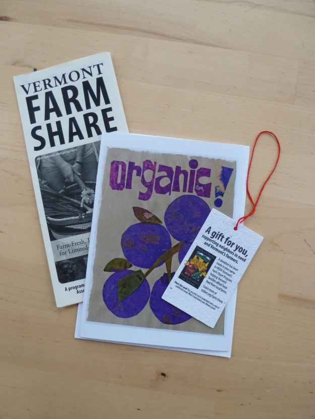 Farm Share Gift orders include a Bonnie Acker art card, a plantable gift tag embedded with wildflower seeds, and a Vermont Farm Share Program brochure.